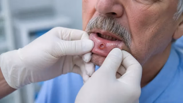 Close-up clinical examination of lip cancer during an oral cancer assessment
