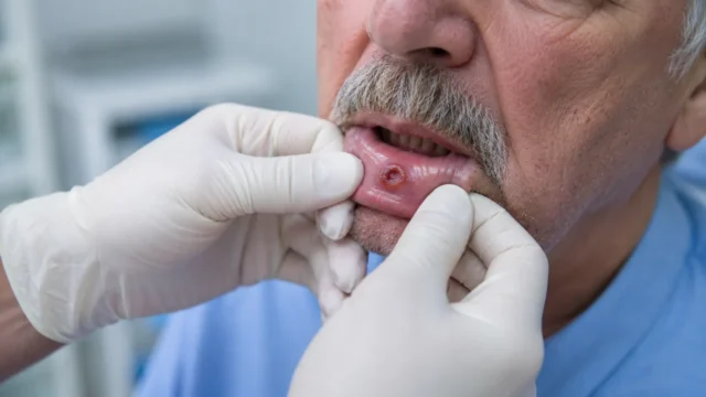 Close-up clinical examination of lip cancer during an oral cancer assessment