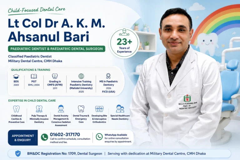 Lt Col Dr A. K. M. Ahsanul Bari, Classified Paediatric Dentist at Military Dental Centre CMH Dhaka, with qualifications, child dental expertise and appointment number.