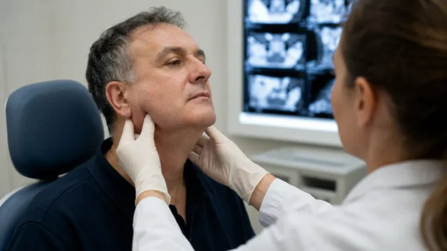 Clinical examination of salivary gland tumours with neck assessment in a medical setting
