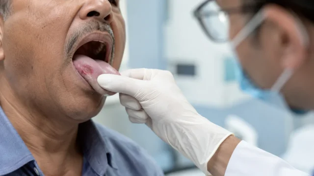 Clinical examination of tongue cancer inside the mouth during an oral cancer screening in Dhaka