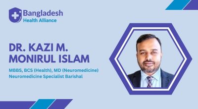 Dr. Kazi M. Monirul Islam's Business Card – A light blue business card with a hexagonal photo of Dr. Kazi M. Monirul Islam. Displays his name, MBBS, BCS (Health), MD (Neuromedicine), and title: Neuromedicine Specialist, Barishal. Features Bangladesh Health Alliance logo.