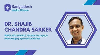 Dr. Shajib Chandra Sarker's Business Card – A light blue business card featuring a hexagonal photo of Dr. Shajib Chandra Sarker. Displays his name, MBBS, BCS (Health), MS (Neurosurgery), and title: Neurosurgery Specialist, Barishal.